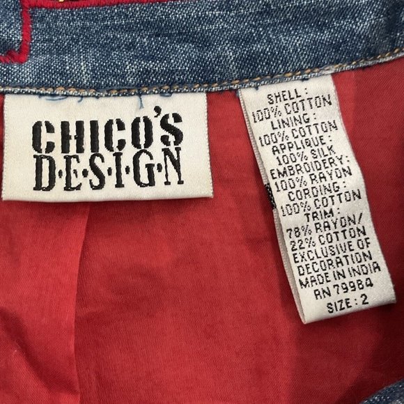 Vintage Chico's Denim Jacket Womens 2 Silk Patxhwork Designs Womens L/12 - Picture 2 of 14